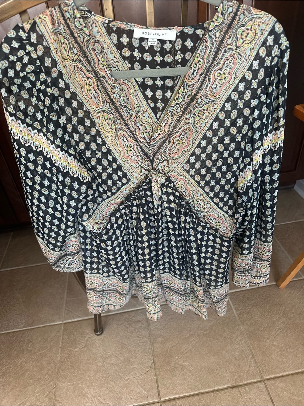 Rose & Olive Black Paisley V-Neck Tunic with Muted Multi-Color Print